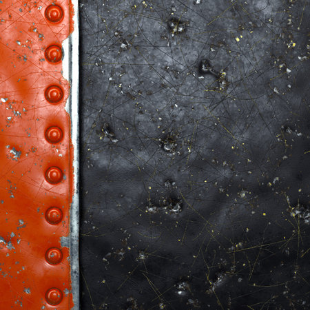 Strip of metal with rivets painted red in the shape of a rectangle on black metal background 3d...