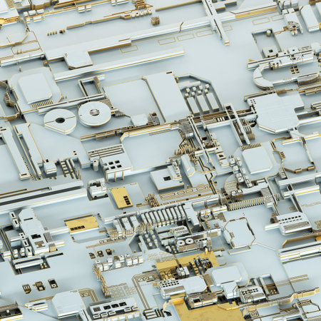Circuit board futuristic server code processing. Gold and white technology background. 3d rendering...