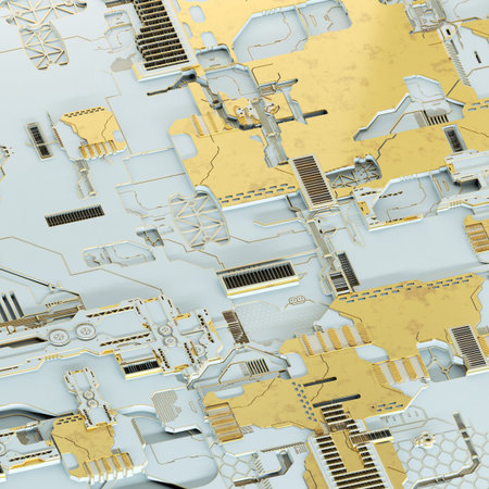 Circuit board futuristic server code processing. Gold and white technology background. 3d rendering...
