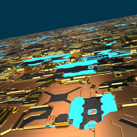 Circuit board futuristic server code processing. Angled view multicolor technology black background....