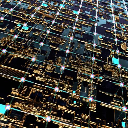 Circuit board futuristic server code processing. Angled view multicolor technology black background. 3d rendering abstract circuit boardの写真素材