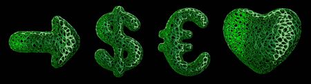 Symbol collection arrow, dollar, euro and heart made of green plastic. Collection symbols of plastic with abstract holes isolated on black background. 3d renderingの写真素材