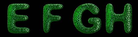 Realistic 3D letters set E, F, G, H made of green plastic. Collection symbols of plastic with abstract holes isolated on black background 3d renderingの写真素材