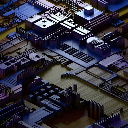 Circuit board futuristic server code processing. Multicolor technology background. 3d rendering...