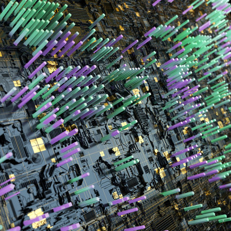 Circuit board futuristic server code processing. Multicolor technology background. 3d rendering...