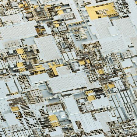 Circuit board futuristic server code processing. Gold and white technology background. 3d rendering...