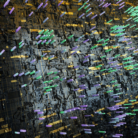 Circuit board futuristic server code processing. Multicolor technology background. 3d rendering...