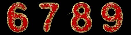 Number set 6, 7, 8, 9 made of realistic 3d render golden shining metallic. Collection of gold shining metallic with red color plastic symbol isolated on black backgroundの写真素材