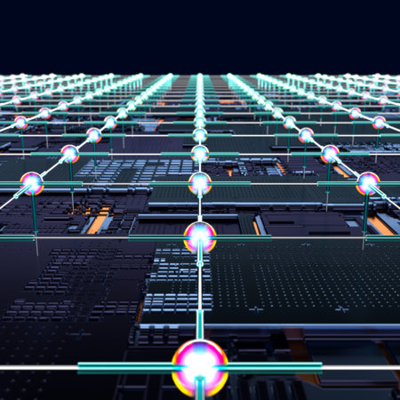 Circuit board futuristic server code processing. Angled view multicolor technology black background....