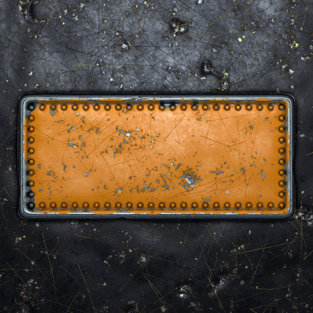Rusty metal strip with rivets on the center against on black metal background 3d rendering