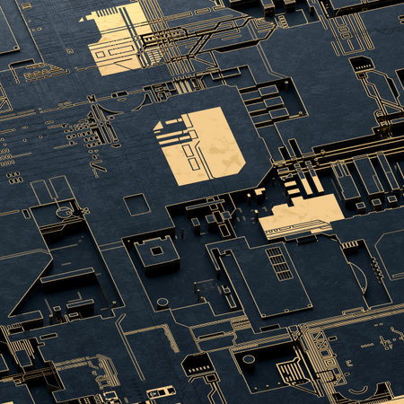 Circuit board futuristic server code processing. Gold and black technology background. 3d rendering...