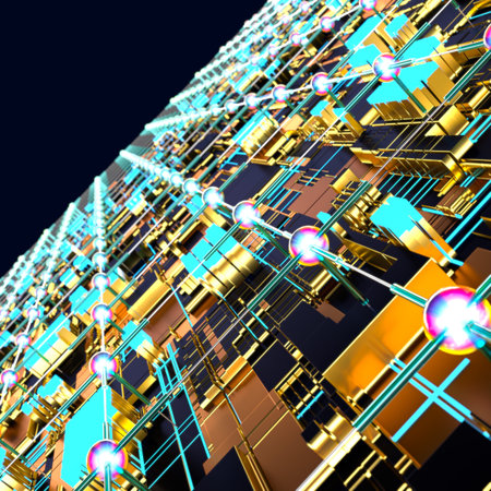 Circuit board futuristic server code processing. Angled view multicolor technology black background....