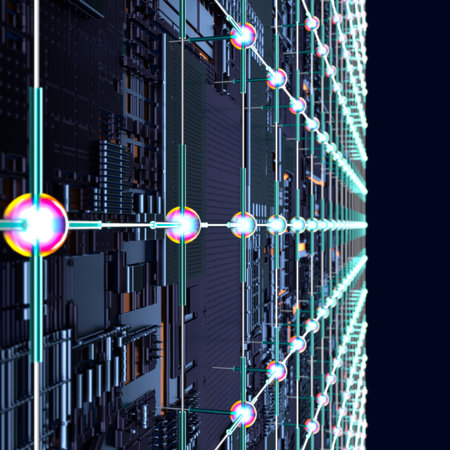 Circuit board futuristic server code processing. Angled view multicolor technology black background....