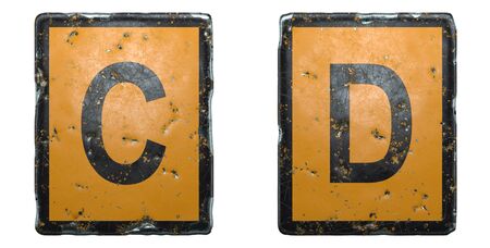Capital letter set C, D made of public road sign orange and black color on white background. 3d renderingの写真素材