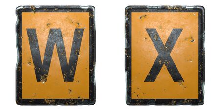Capital letter set W, X made of public road sign orange and black color on white background. 3d renderingの写真素材