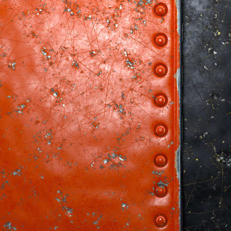 Strip of metal with rivets painted red in the shape of a rectangle on black metal background 3d...