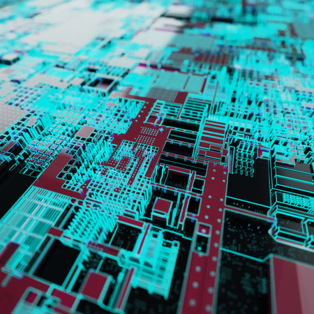 Circuit board futuristic server code processing. Neon color technology background. 3d rendering...