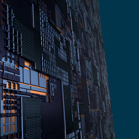 Circuit board futuristic server code processing. Angled view black color technology background. 3d...