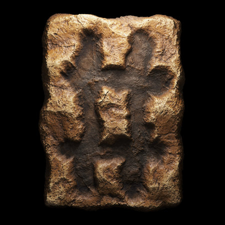 Rocky symbol hash. Font of stone isolated on black background. 3d rendering