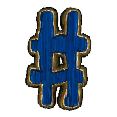 Symbol hash made of industrial metal blue color. Isolated on white background. 3d rendering