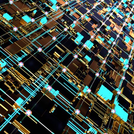Circuit board futuristic server code processing. Angled view multicolor technology black background. 3d rendering abstract circuit boardの写真素材
