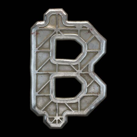 Industrial metal symbol bitcoin on black background 3d renderingの写真素材