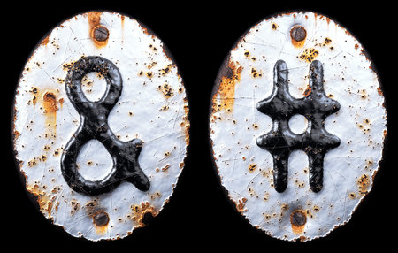 3D render set of symbols ampersand and hash made of forged metal on the background fragment of a...