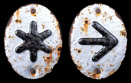 3D render set of symbols asterisk and right arrow made of forged metal on the background fragment of a metal surface with cracked rust. 3d renderingの写真素材