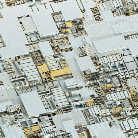 Circuit board futuristic server code processing. Gold and white technology background. 3d rendering...