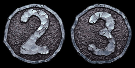 Set of numbers 2, 3 made of forged metal in the center of coin isolated on white background. 3d...