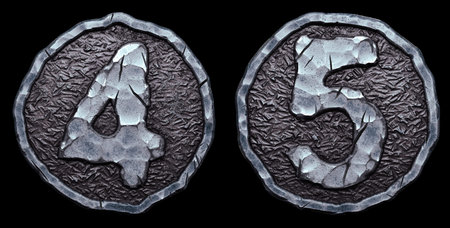 Set of numbers 4, 5 made of forged metal in the center of coin isolated on white background. 3d...
