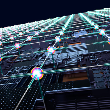 Circuit board futuristic server code processing. Angled view multicolor technology black background....