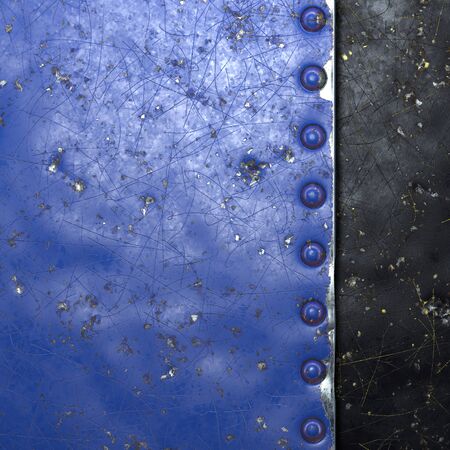 Painted blue metal with rivets on black metal background. 3d renderingの写真素材