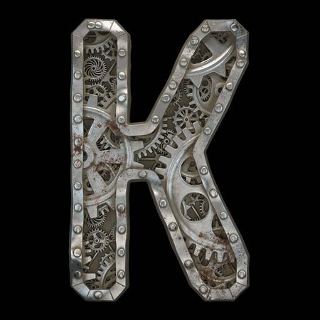 Mechanical alphabet made from rivet metal with gears on black background. Letter K. 3D renderingの写真素材