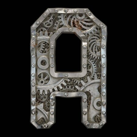 Mechanical alphabet made from rivet metal with gears on black background. Letter A. 3D renderingの写真素材
