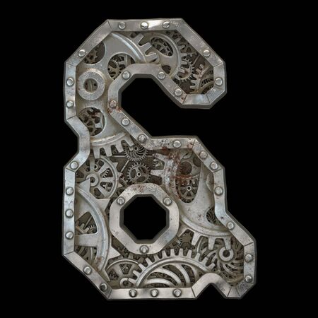 Mechanical alphabet made from rivet metal with gears on black background. Symbol ampersand. 3D renderingの写真素材