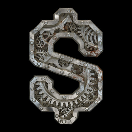 Mechanical alphabet made from rivet metal with gears on black background. Symbol dollar. 3D renderingの写真素材