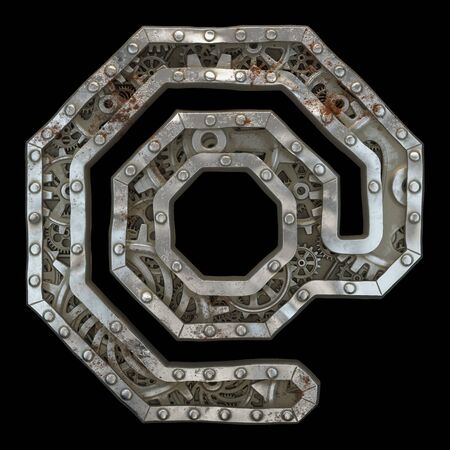 Mechanical alphabet made from rivet metal with gears on black background. Symbol at. 3D renderingの写真素材