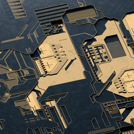 Circuit board futuristic server code processing. Gold and black technology background. 3d rendering...