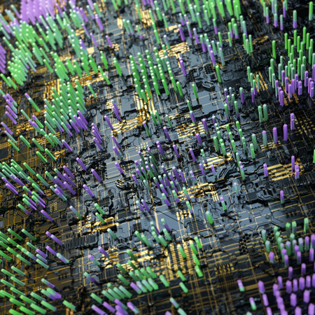 Circuit board futuristic server code processing. Multicolor technology background. 3d rendering...