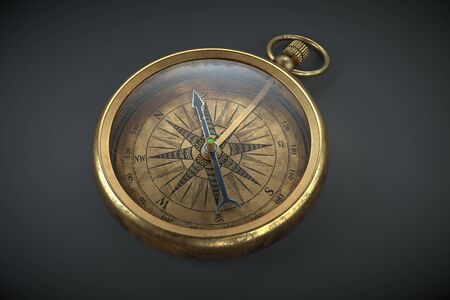 Vintage compass isolated on black background. Close up view 3d renderingの写真素材