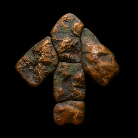 Rocky symbol up arrow. Font of stone on black background. 3d renderingの写真素材