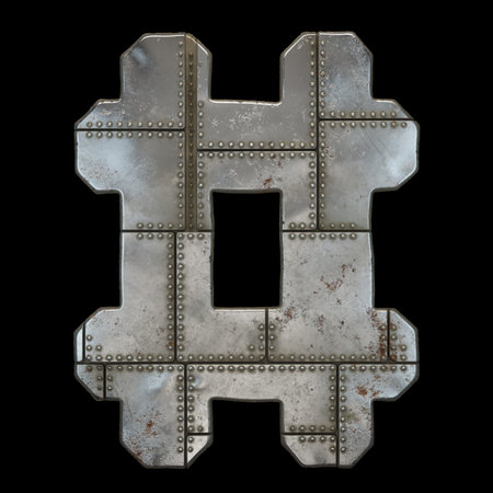 Industrial metal symbol hash on black background 3d rendering
