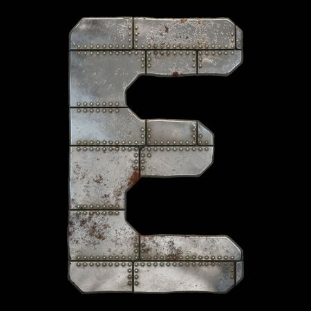 Industrial metal alphabet letter E on black background. 3d renderingの写真素材