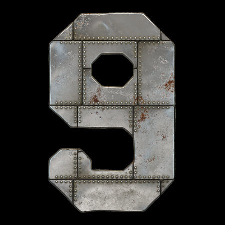 Industrial metal number 9 on black background 3d rendering