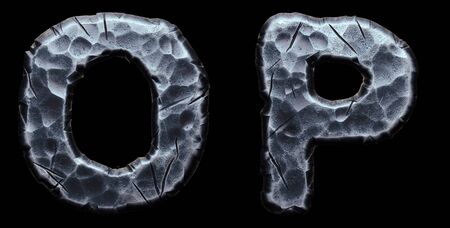 Set of capital letters O, P made of forged metal isolated on black background. 3d renderingの写真素材