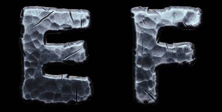 Set of capital letters E, F made of forged metal isolated on black background. 3d renderingの写真素材