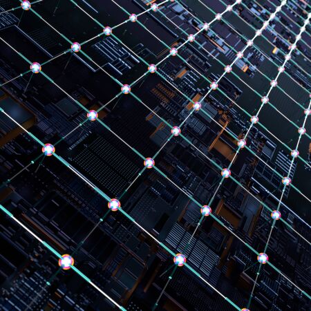 Circuit board futuristic server code processing. Angled view multicolor technology black background. 3d rendering abstract circuit boardの写真素材