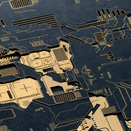 Circuit board futuristic server code processing. Gold and black technology background. 3d rendering...