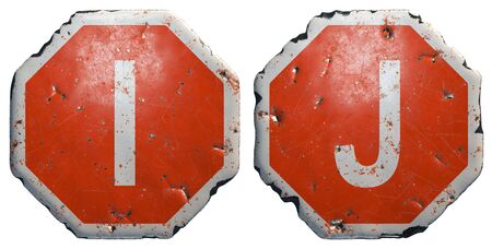 Set of letters I, J made of public road sign in red and white with a capital in the center isolated on white background. 3d renderingの写真素材